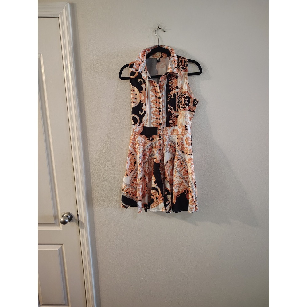 Womens Baroque Scarf Print Button Front Skater Mini Dress Gold Black M